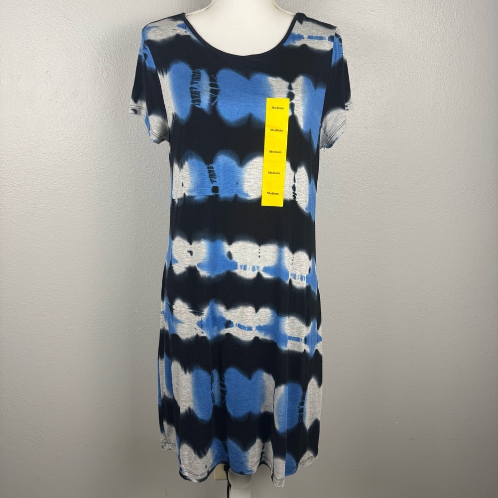 U-Knit Women's Medium White Black Blue Tie‎ Dye T-Shirt Shift Dress Short Sleeve